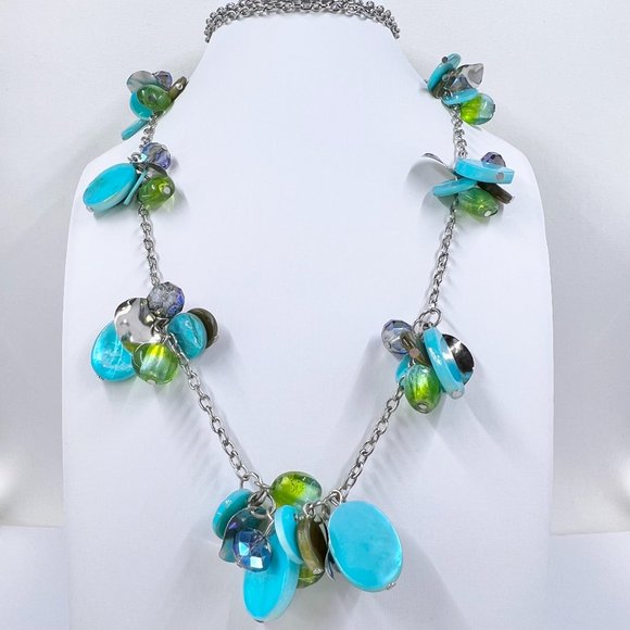 NWT - Lane Bryant - Turquoise & Green Dyed Shell Silver Tone 36” Necklace - Picture 2 of 8